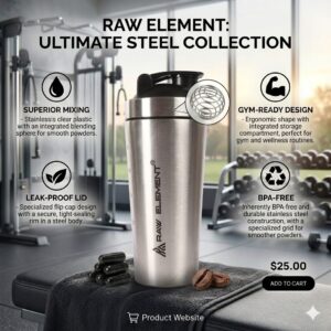Raw Element Stainless Steel Protein Shaker Cup 750ml | Leak-Proof, BPA-Free Sports Bottle with Mixing Ball | Clump-Free Fitness Shaker for Gym, Workout, and Gifts – Durable & Easy to Clean - Image 4