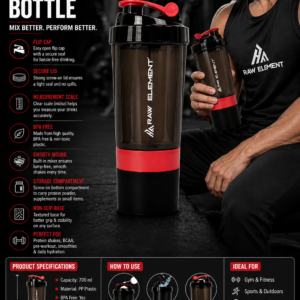 Raw Element Protein Shaker Bottle 500ml – 3-in-1 Gym Sipper with Extra Storage for Powder, Supplements & Nuts – Leakproof Shaker for Protein Shake – Red & Black – BPA-Free – 1 Piece - Image 3