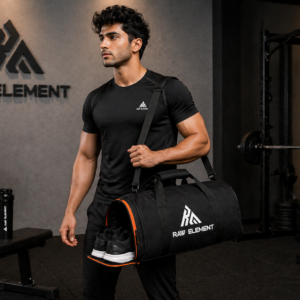 Raw Element Gym Bags for Men with Separate Shoe Compartment Sports for Women Unisex Duffle Bag for Carry & Travel Adjustable for Shoes Towel Duffel Sports Bag 20L - Black - Image 3