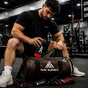 Gym Combo Set – Premium Duffle Bag + Shaker Bottle + Wrist Wraps | Waterproof PU Leather Gym Bag for Men & Women | Fitness Travel Sports Kit (Black/Brown) (Brown) - Image 5