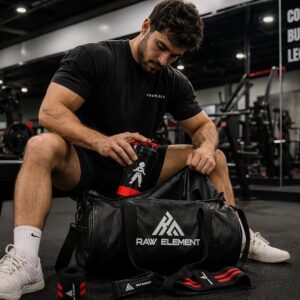 Gym Combo Set – Premium Duffle Bag + Shaker Bottle + Wrist Wraps | Waterproof PU Leather Gym Bag for Men & Women | Fitness Travel Sports Kit (Black/Brown) (Black) - Image 5