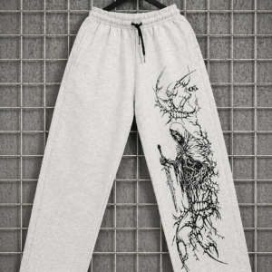 Men’s Printed Grey Track Pants | Cotton Blend Joggers | Elastic Waist Casual Lower with Graphic Design - Image 1