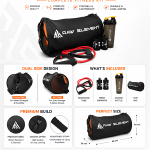 Gym Bag Combo Set with Shaker & Resistance Band | RAW ELEMENT Fitness Kit | Durable Sports Duffel Bag for Gym, Travel & Workout - Image 3