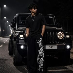 Men’s Printed Black Track Pants | Cotton Blend Joggers | Elastic Waist Casual Lower with Graphic Design - Image 3