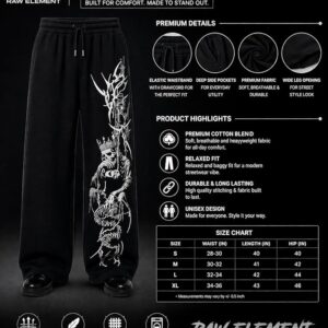 Men’s Printed Black Track Pants | Cotton Blend Joggers | Elastic Waist Casual Lower with Graphic Design - Image 2
